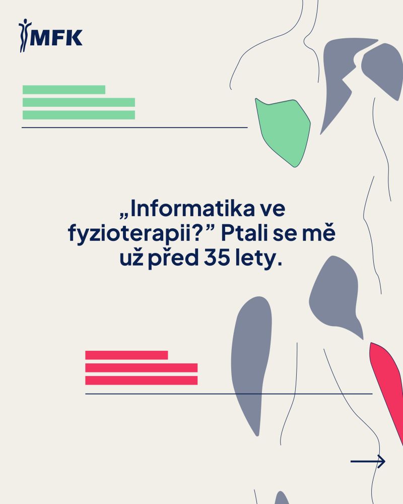 Slide s textem „Informatika ve fyzioterapii?“ a barevnou mapou těla