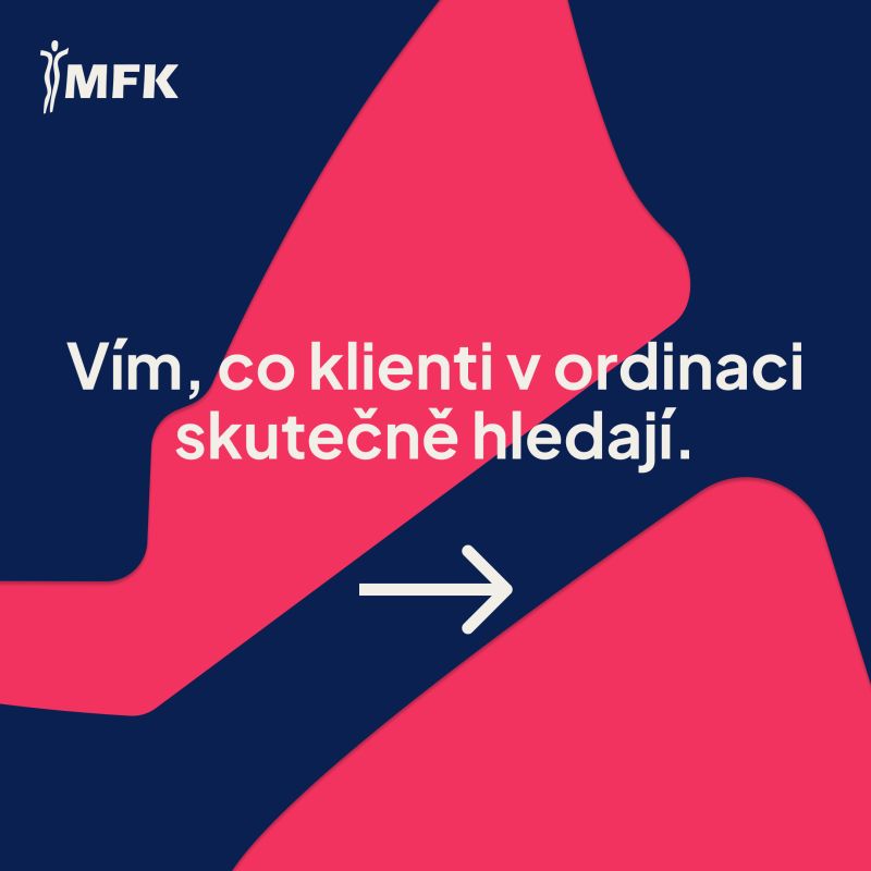 Tmavě modrý slide s růžovou vlnou a textem „Vím, co klienti v ordinaci skutečně hledají“